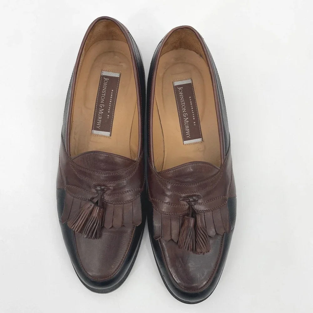Johnston & Murphy Loafers Mens 10.5 M Brown‎ Black Leather Kiltie Tassel Vintage